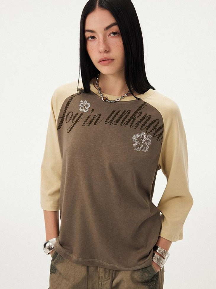 DIDDI MODA Retro Slogan Print Colorblock Raglan Boxy Women&