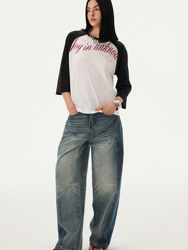DIDDI MODA Retro Slogan Print Colorblock Raglan Boxy Women&