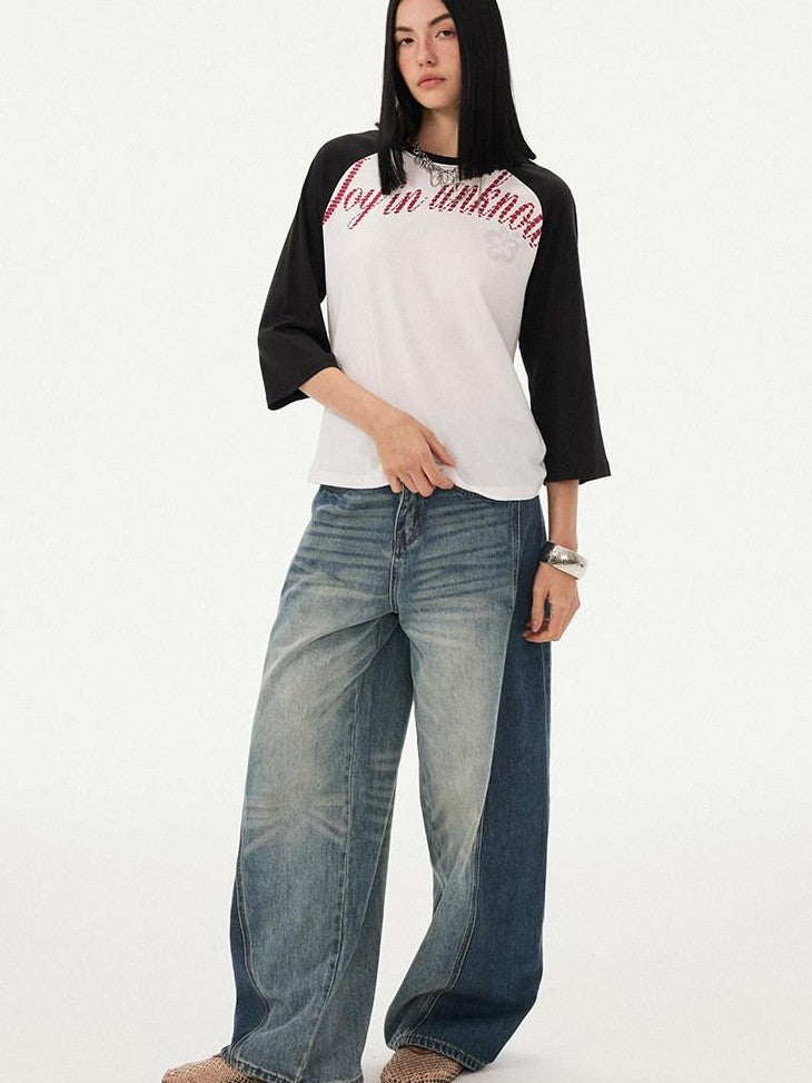 DIDDI MODA Retro Slogan Print Colorblock Raglan Boxy Women&