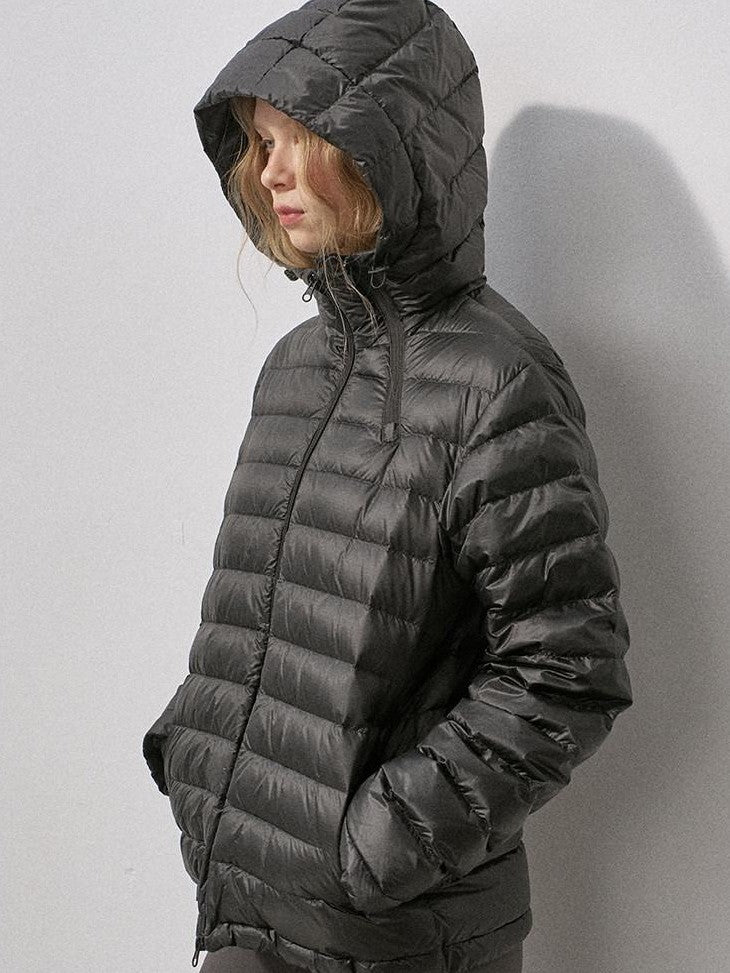 DIDDI MODA Ribbed Quilted Hooded Zipper Short Thin Women&