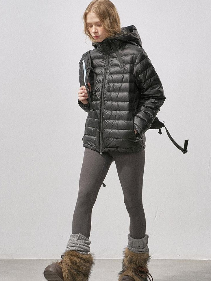 DIDDI MODA Ribbed Quilted Hooded Zipper Short Thin Women&