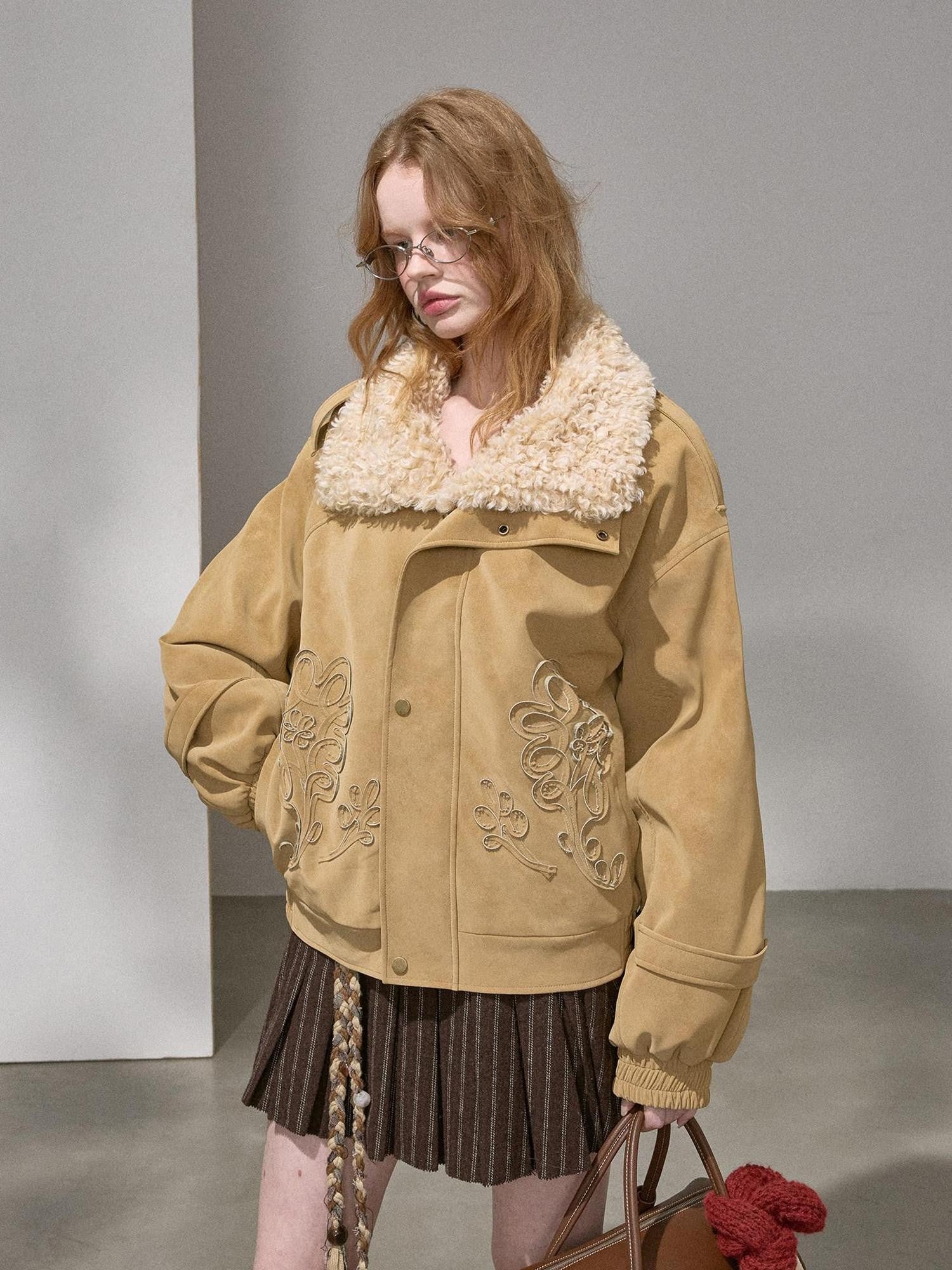 DIDDI MODA Ribbon Embroidery Faux Fur Lapel Padded Boxy Women&