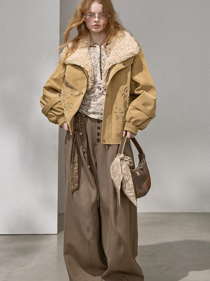 DIDDI MODA Ribbon Embroidery Faux Fur Lapel Padded Boxy Women&