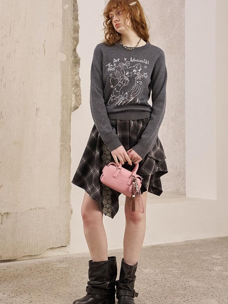 DIDDI MODA Rose Cartoon Kitten Round Neck Loose Pullover Women&
