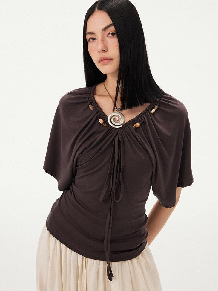 DIDDI MODA Sage Ruched Beaded V-neck Loose Batwing Women&