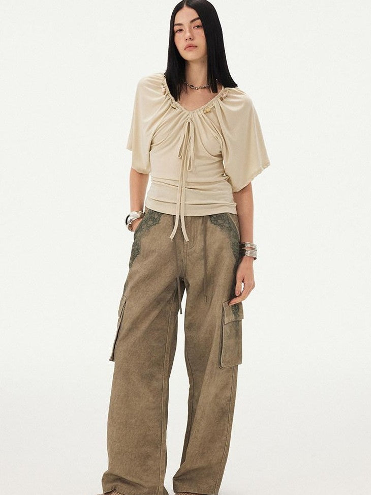 DIDDI MODA Sage Ruched Beaded V-neck Loose Batwing Women&