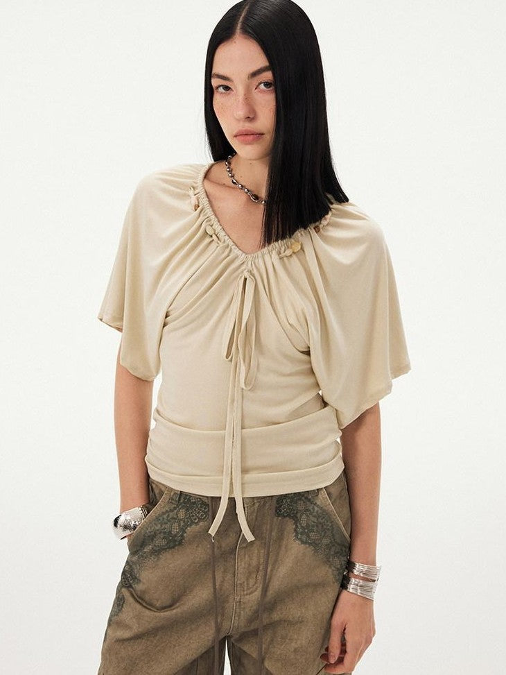 DIDDI MODA Sage Ruched Beaded V-neck Loose Batwing Women&