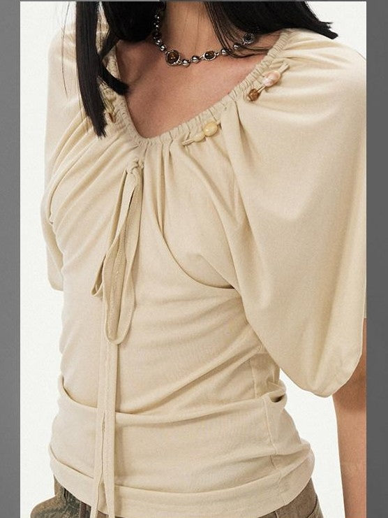 DIDDI MODA Sage Ruched Beaded V-neck Loose Batwing Women&