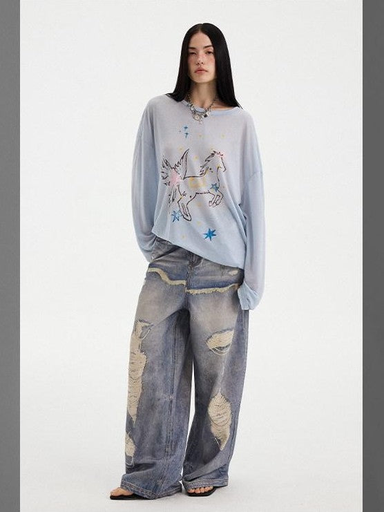 DIDDI MODA Sheer Star Horse Print Dropped Shoulder U Neck Women&