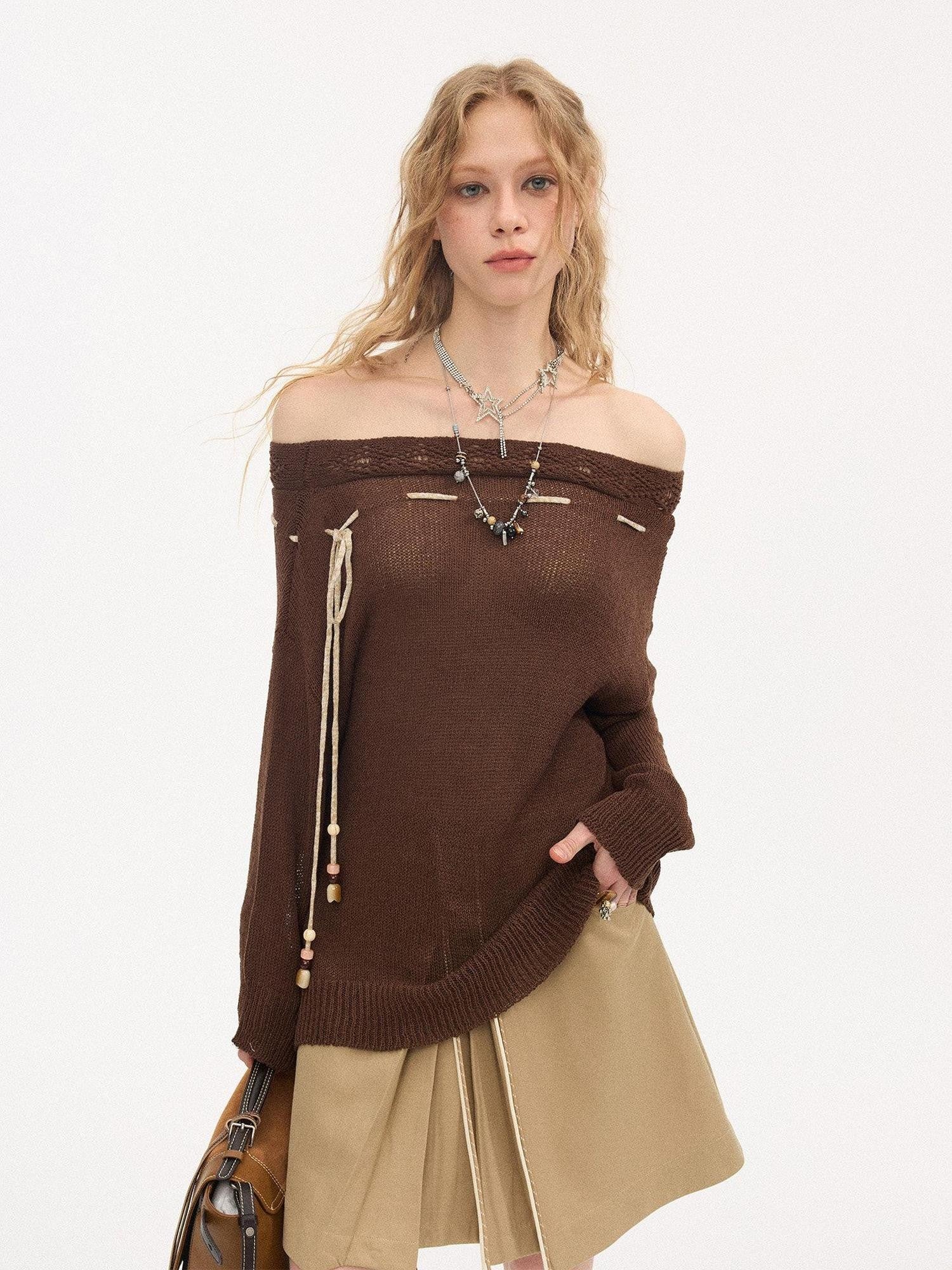 DIDDI MODA Slouchy Tie One Shoulder Knit Loose Women&