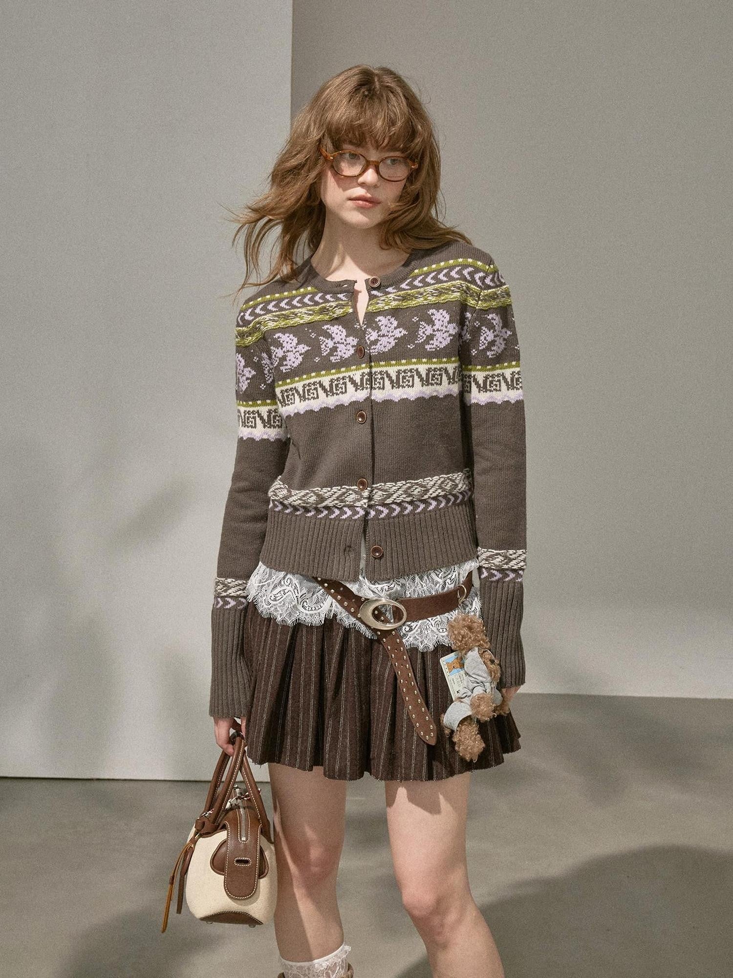 DIDDI MODA Smoke Gray Fair Isle Jacquard Swallow Print Women&
