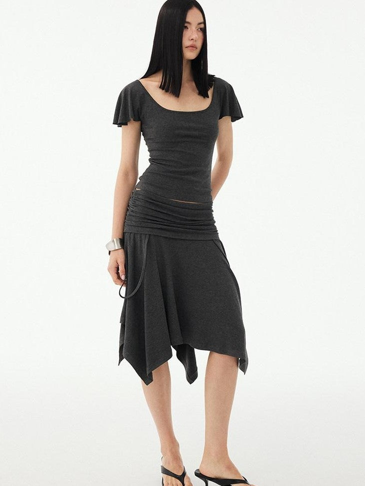 DIDDI MODA Soft Ruched Irregular Hem Low Waist Relaxed Fit Women&