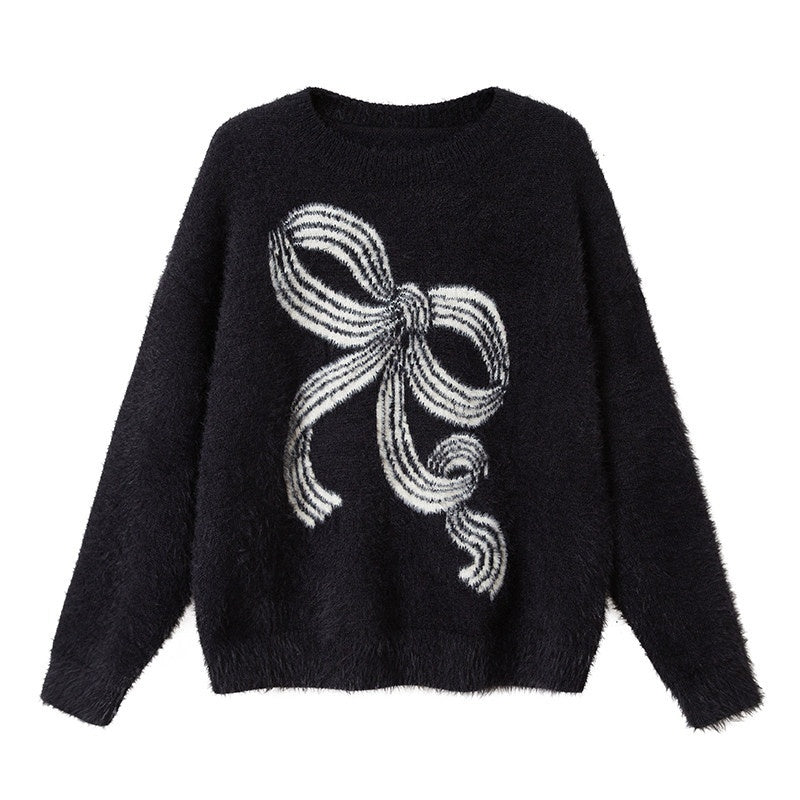 DIDDI_MODA_Soft_Striped_Bow_Knit_Round_Neck_Women&