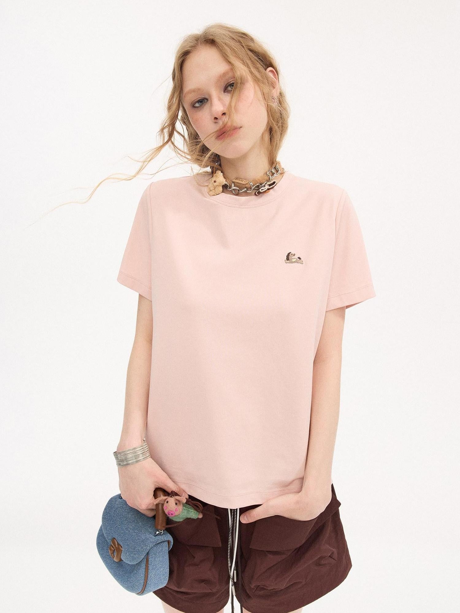 DIDDI MODA Solid Pony Motif Round Neck Loose Women&