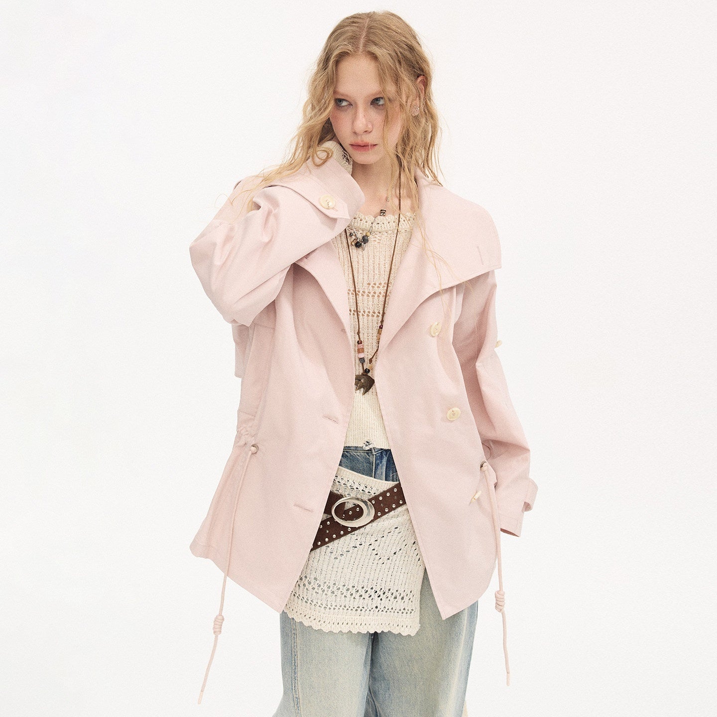 DIDDI_MODA_Solid_Stand_Collar_Double_Drawstring_Waist_Women&