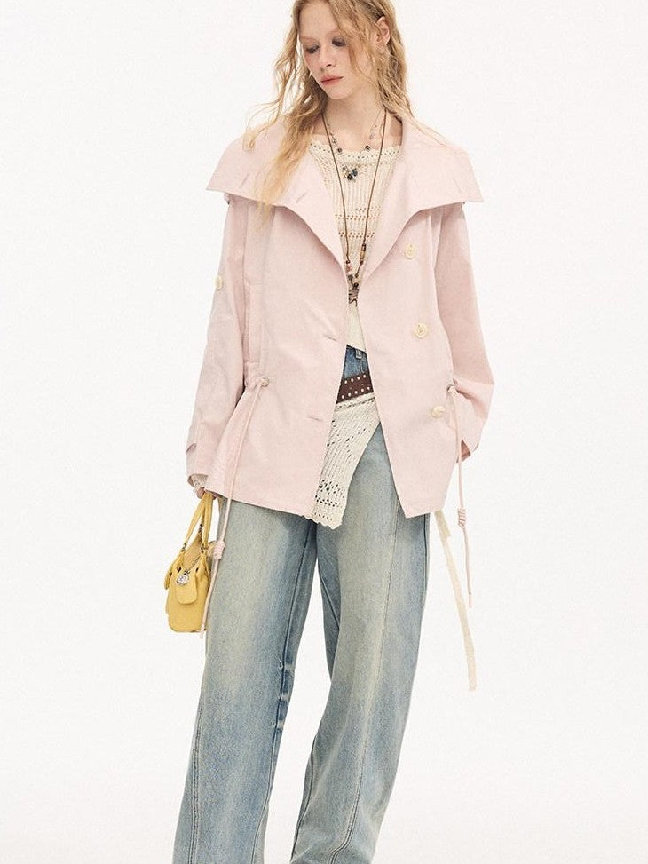 DIDDI MODA Solid Stand Collar Double Drawstring Waist Women&