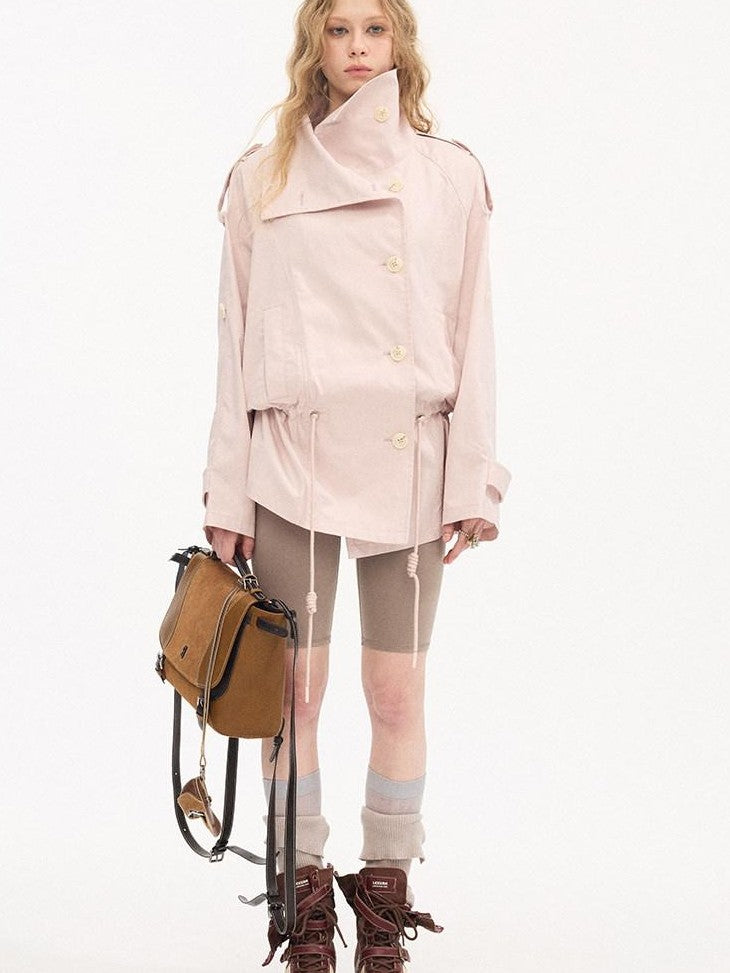 DIDDI MODA Solid Stand Collar Double Drawstring Waist Women&