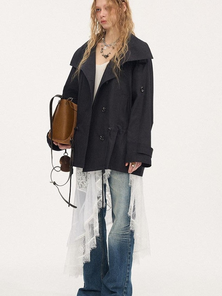 DIDDI MODA Solid Stand Collar Double Drawstring Waist Women&