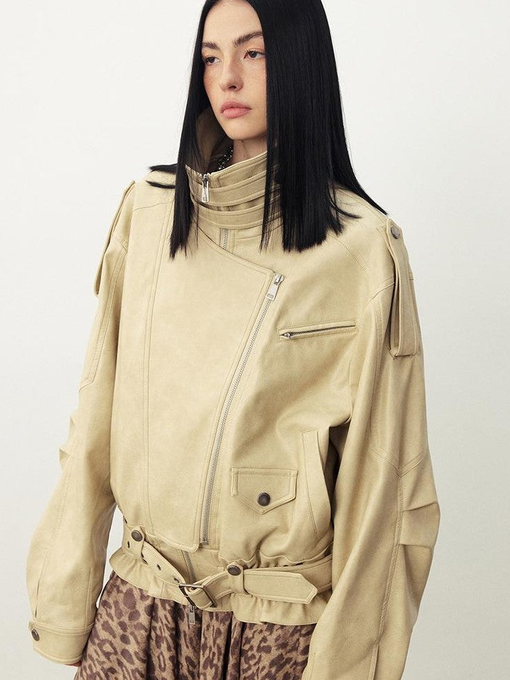 DIDDI MODA Stand Collar Structured Seam Cinched Waist Loose Women&