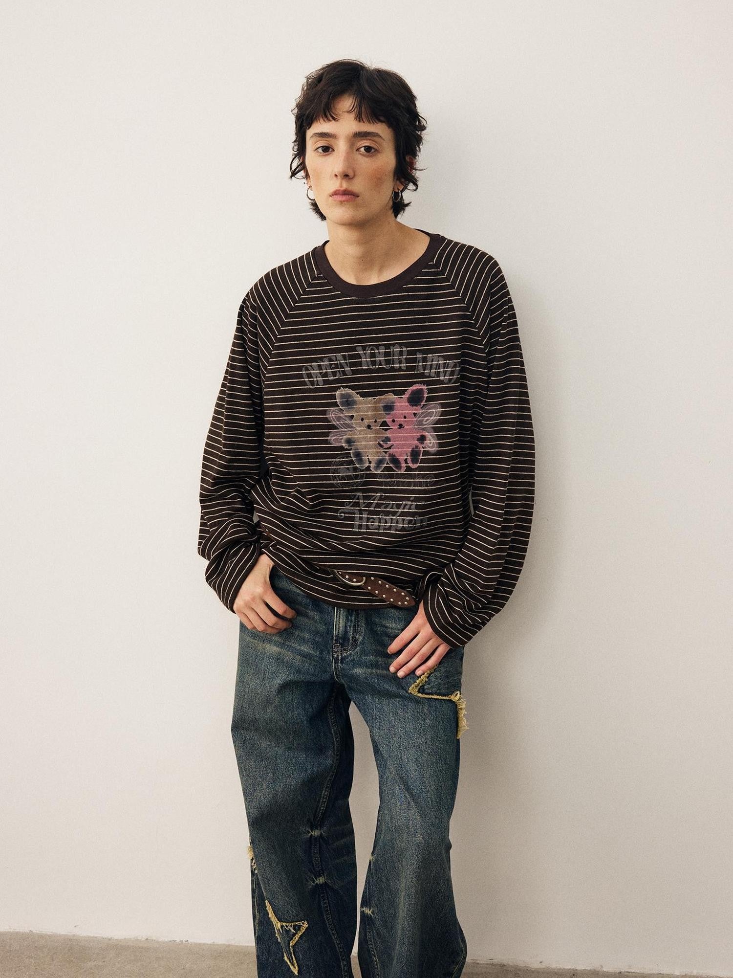DIDDI MODA Striped Bear Print Round Neck Women&