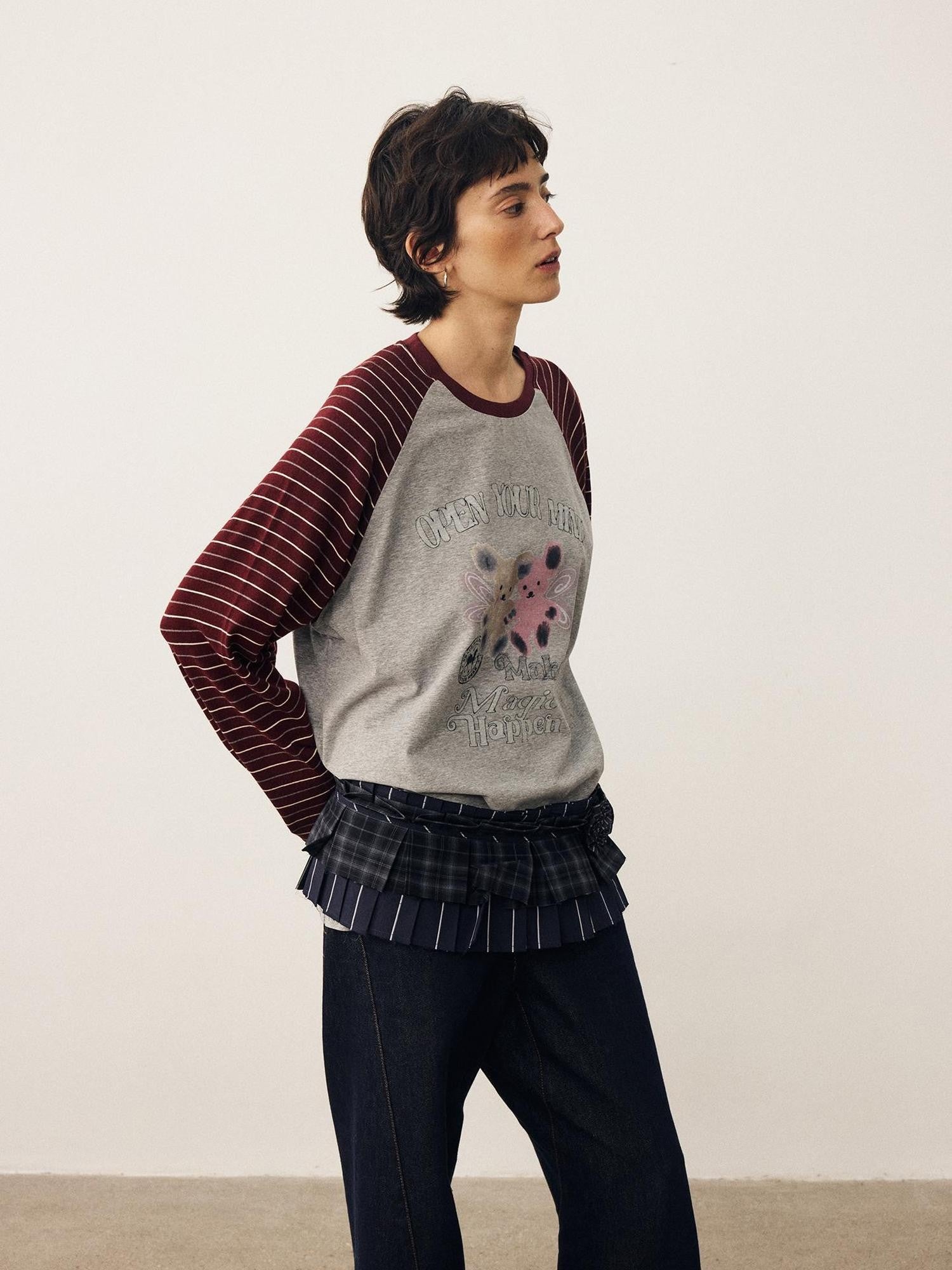 DIDDI MODA Striped Bear Print Round Neck Women&