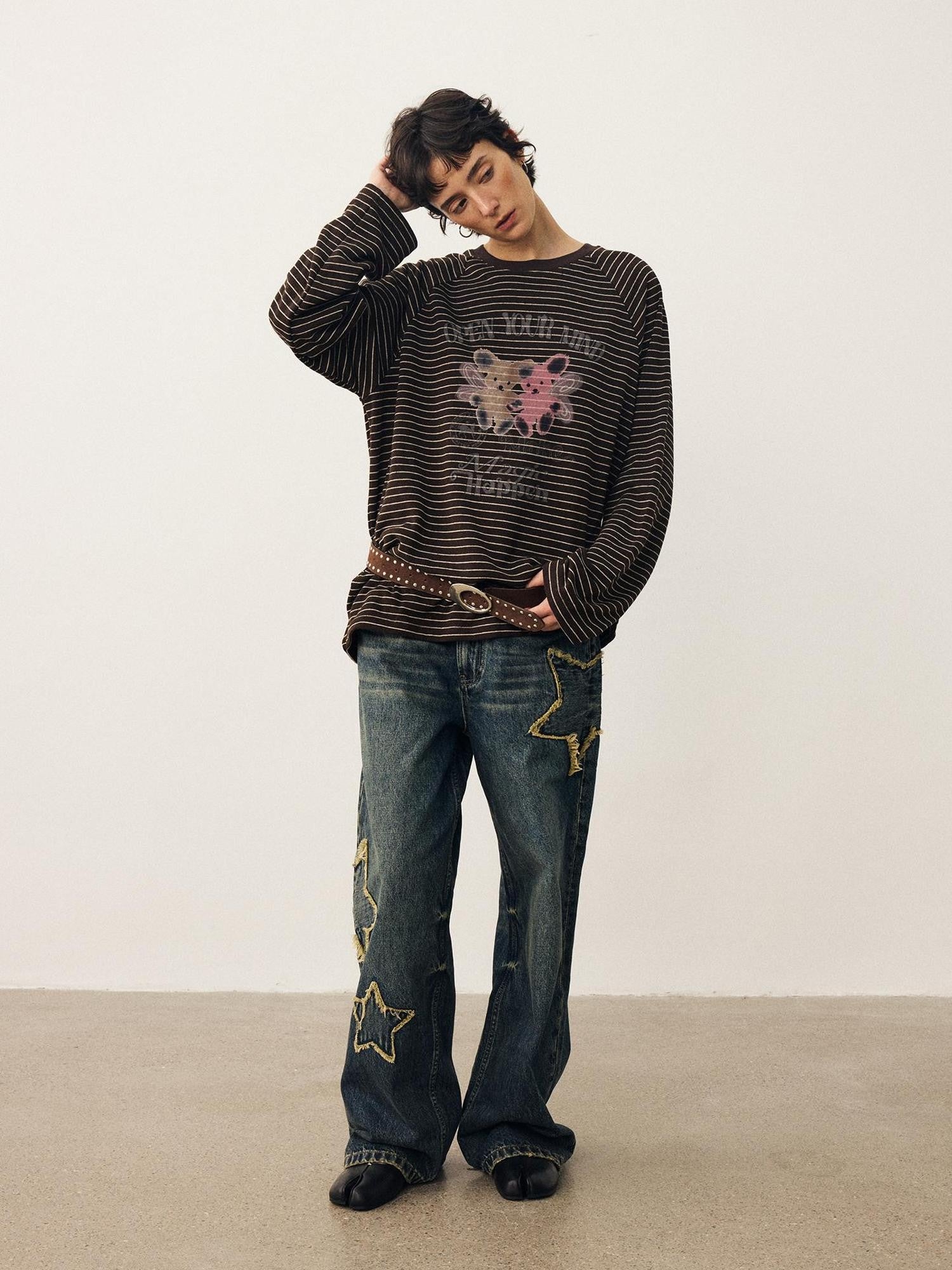 DIDDI MODA Striped Bear Print Round Neck Women&