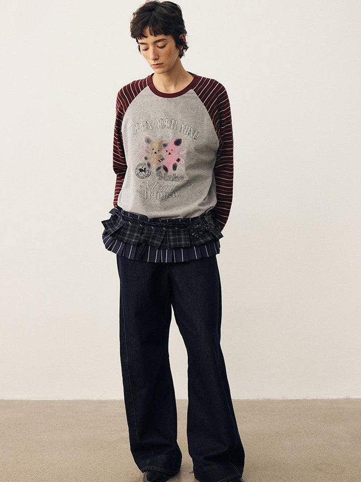 DIDDI MODA Striped Bear Print Round Neck Women&