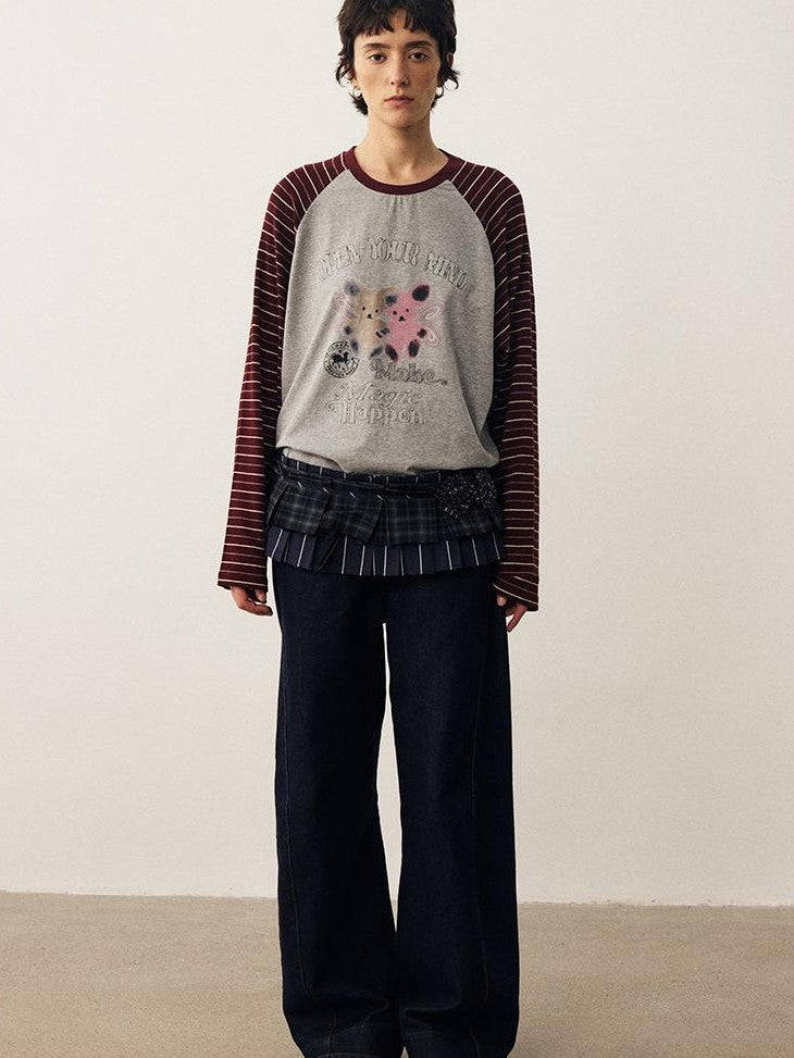 DIDDI MODA Striped Bear Print Round Neck Women&
