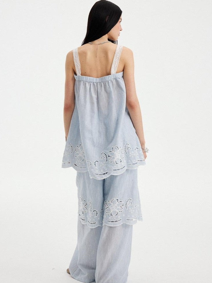 DIDDI MODA Striped Cutout Embroidered Faux Layered Sling Women&