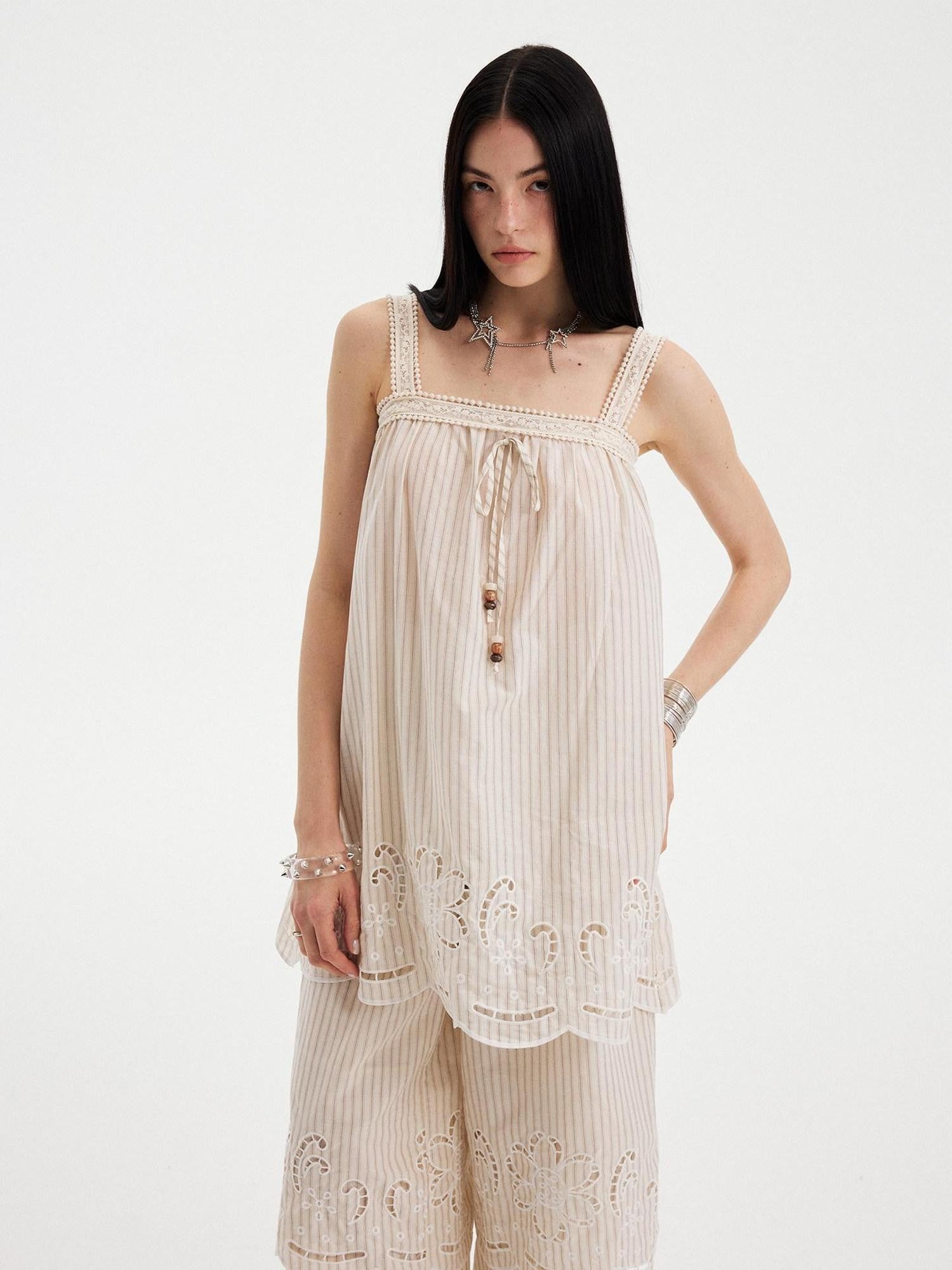 DIDDI MODA Striped Cutout Embroidered Faux Layered Sling Women&