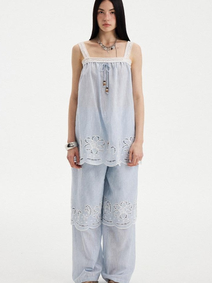DIDDI MODA Striped Cutout Embroidered Faux Layered Sling Women&