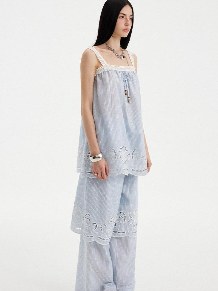 DIDDI MODA Striped Cutout Embroidered Faux Layered Sling Women&