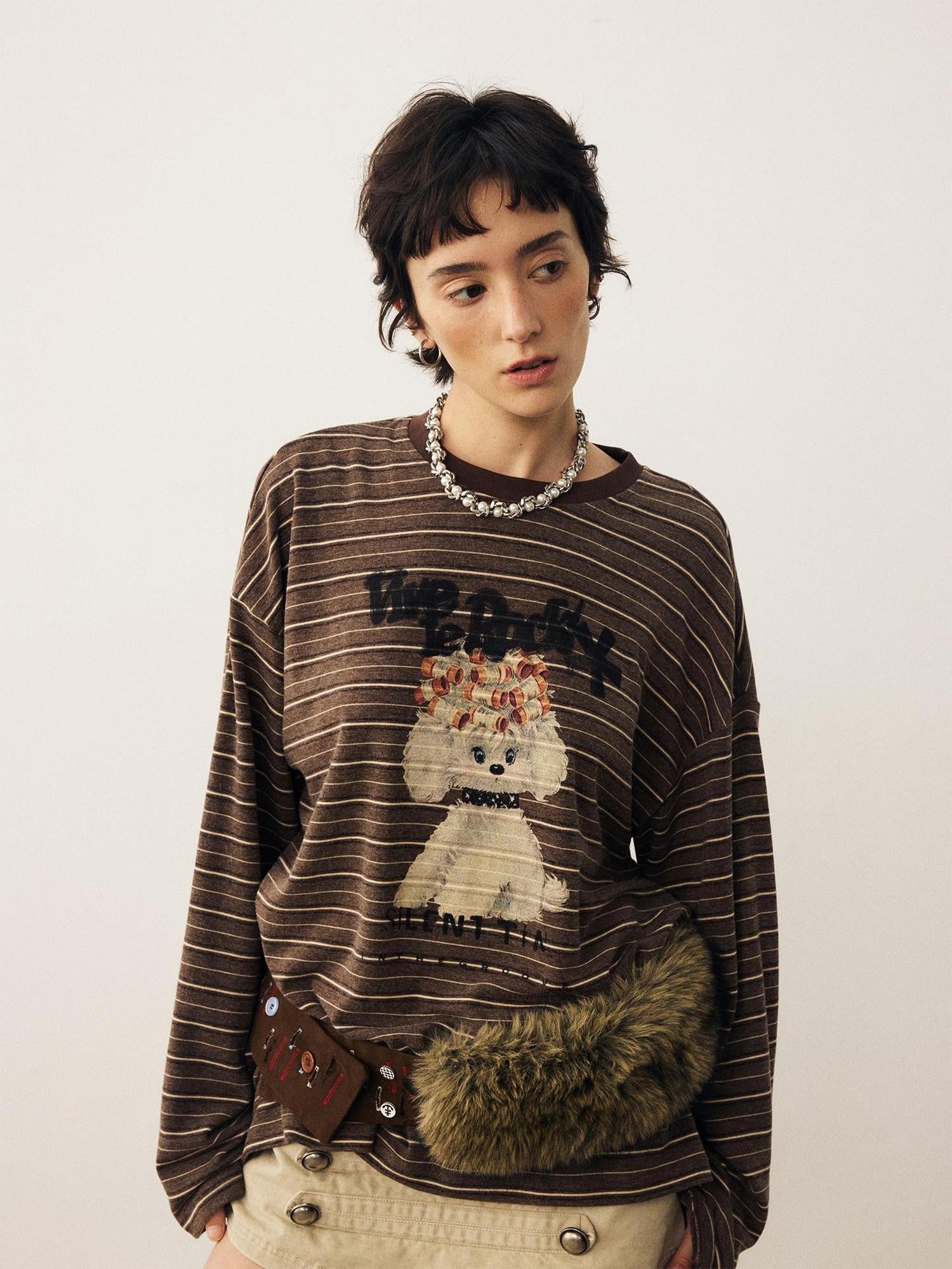 DIDDI MODA Striped Dog Print Colorblock Crewneck Drop Shoulder Women&