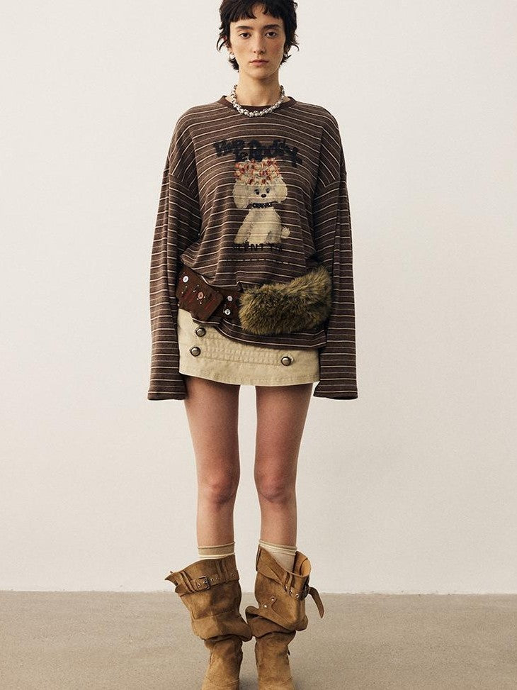 DIDDI MODA Striped Dog Print Colorblock Crewneck Drop Shoulder Women&