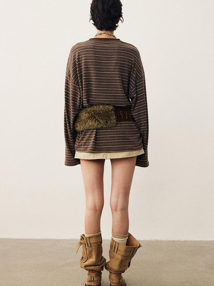DIDDI MODA Striped Dog Print Colorblock Crewneck Drop Shoulder Women&