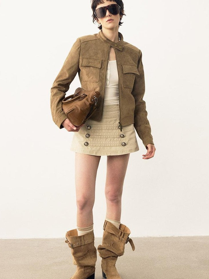 DIDDI MODA Structured Suede Stand Collar Zip Women&
