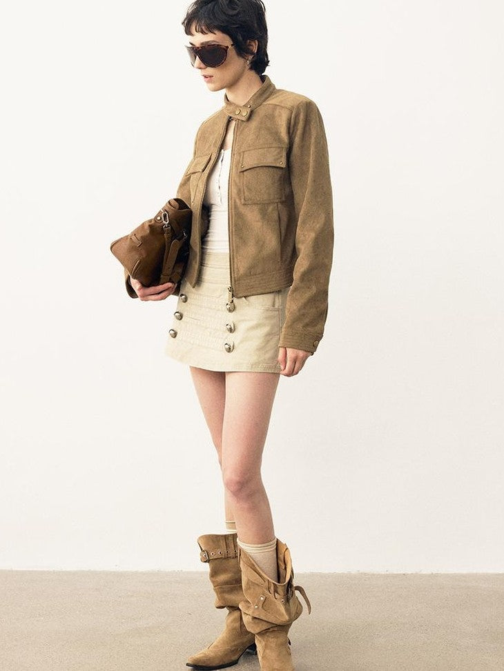 DIDDI MODA Structured Suede Stand Collar Zip Women&