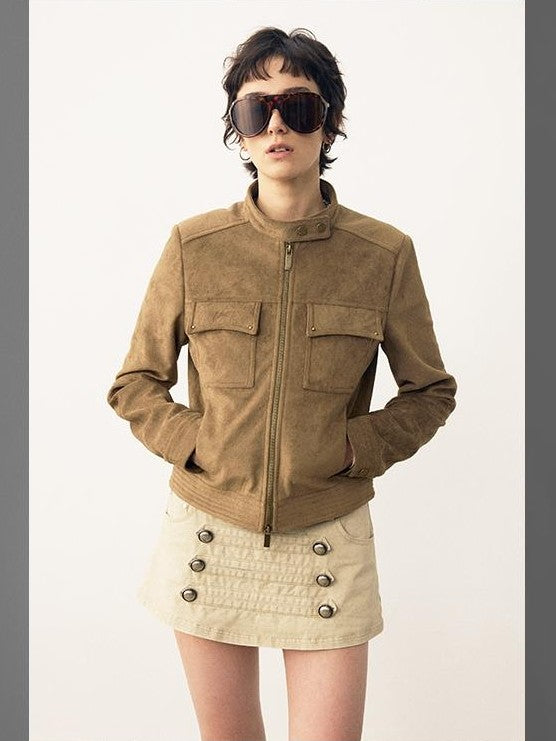 DIDDI MODA Structured Suede Stand Collar Zip Women&