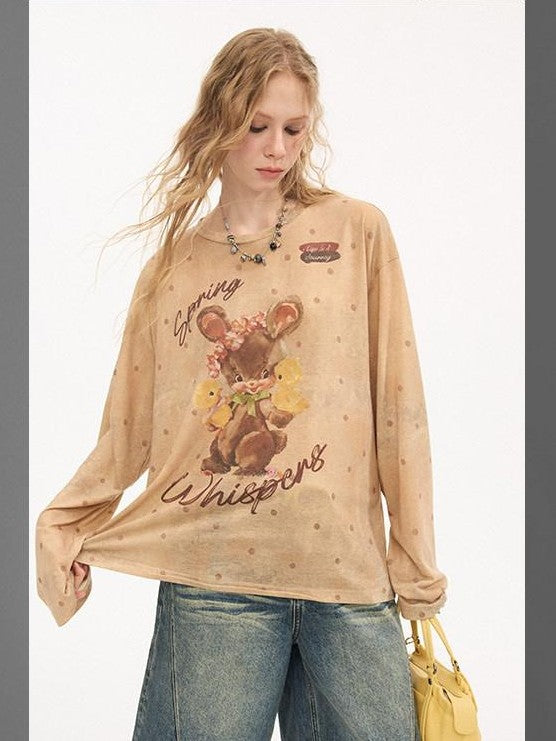 DIDDI MODA Sunset Yellow Polka Dot Cartoon Rabbit Print Loose Women&