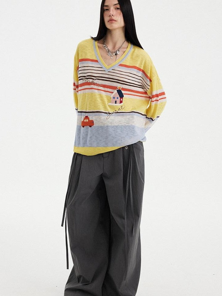 DIDDI MODA Sunset Yellow Striped Embroidered V-neck Women&