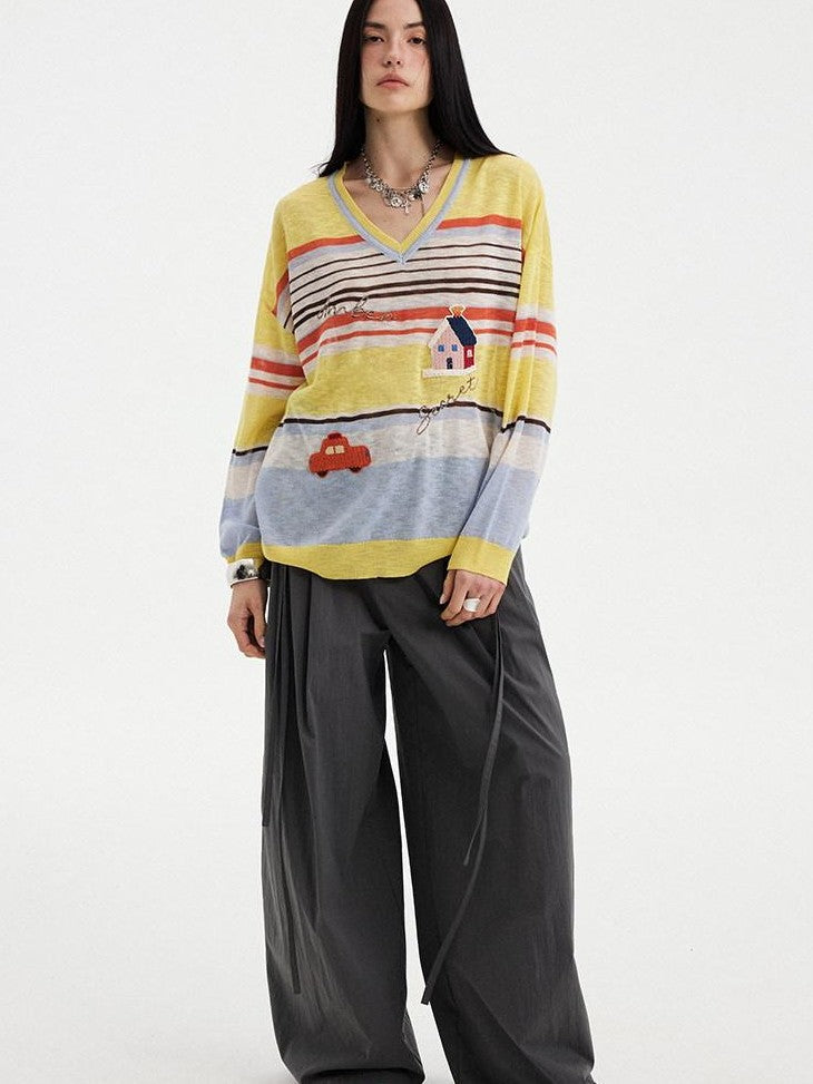DIDDI MODA Sunset Yellow Striped Embroidered V-neck Women&