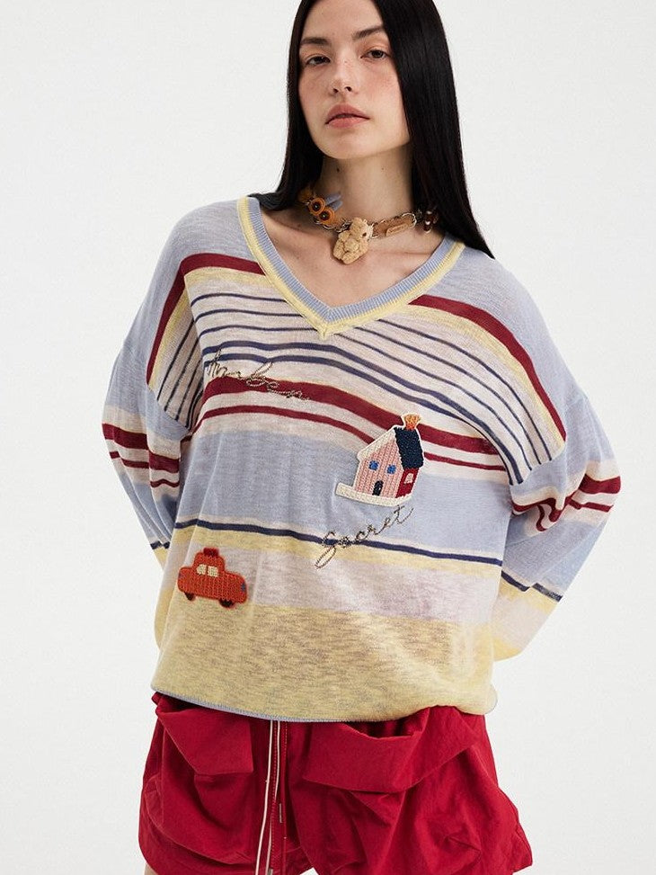 DIDDI MODA Sunset Yellow Striped Embroidered V-neck Women&