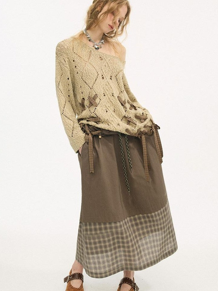DIDDI MODA Tea Green Plaid Patchwork Foldover Waist Women&