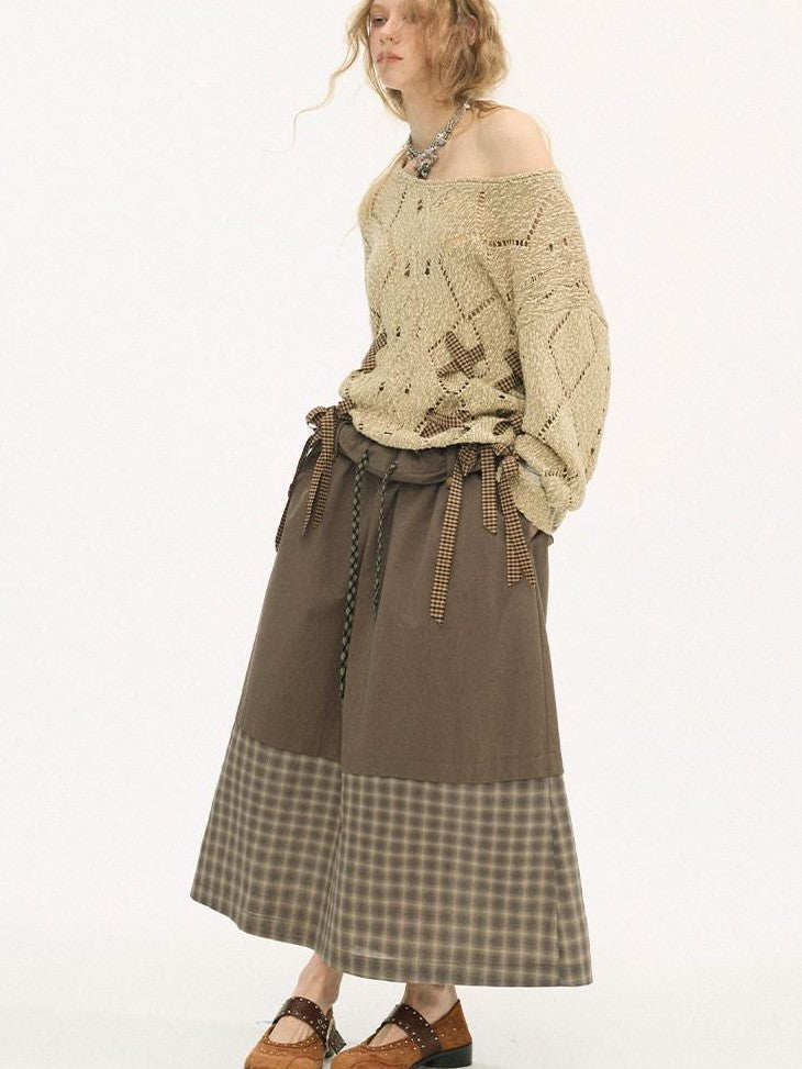 DIDDI MODA Tea Green Plaid Patchwork Foldover Waist Women&