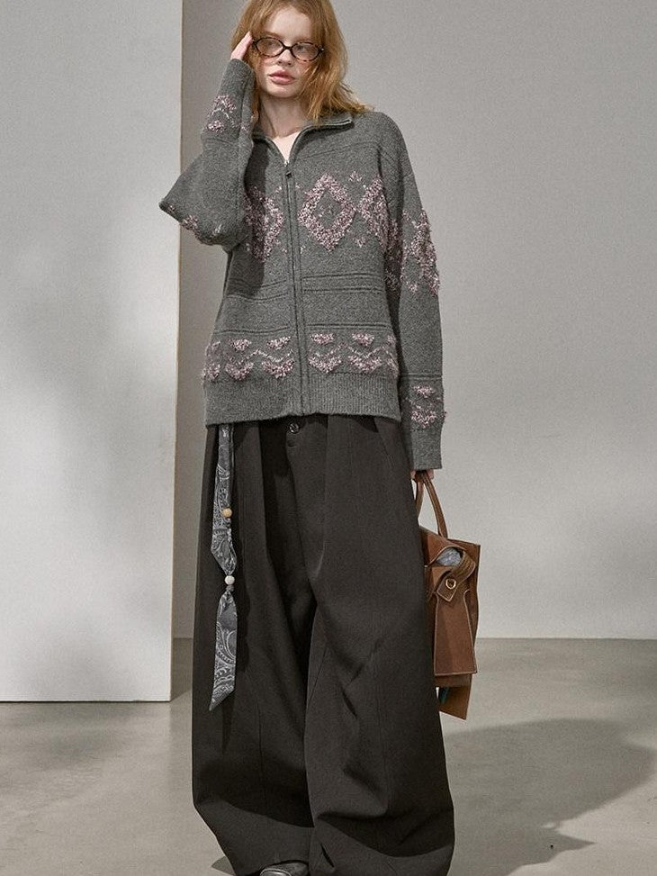 DIDDI MODA Textured Diamond Zip Front Lapel Loose Fit Women&