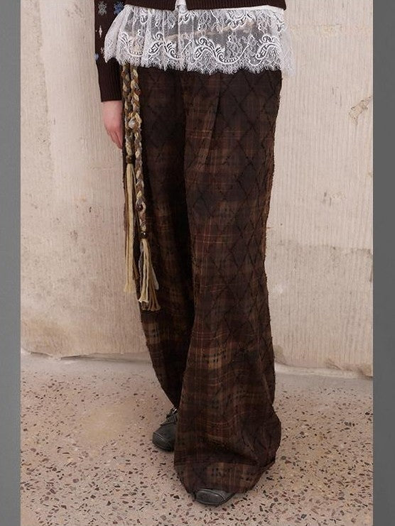 DIDDI MODA Textured Plaid Cuffed Relaxed Straight Women&