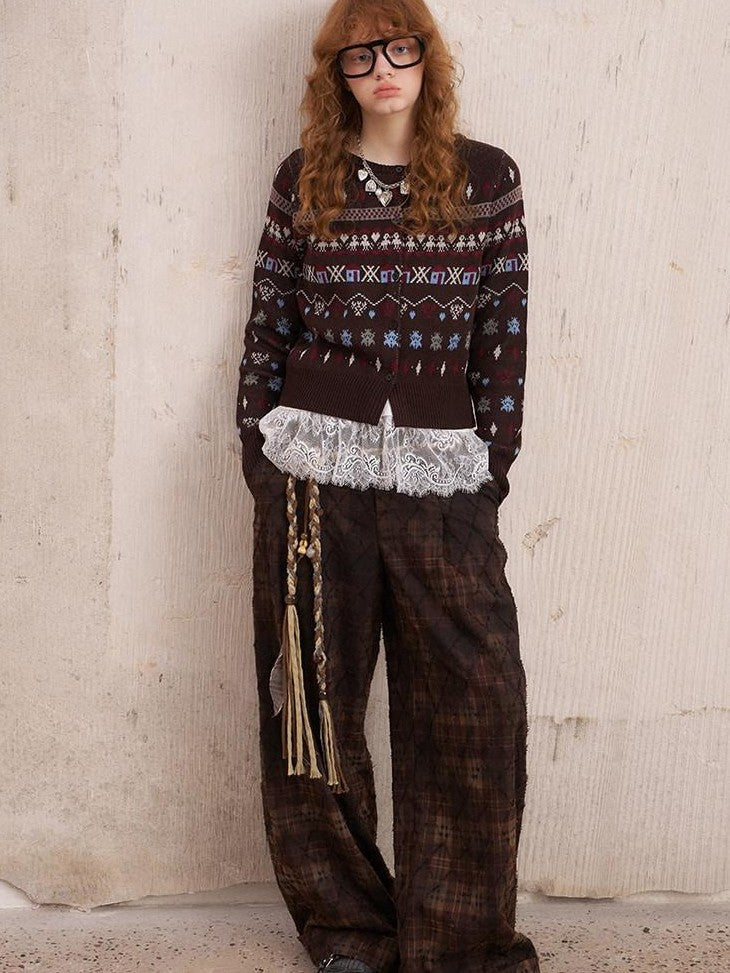 DIDDI MODA Textured Plaid Cuffed Relaxed Straight Women&
