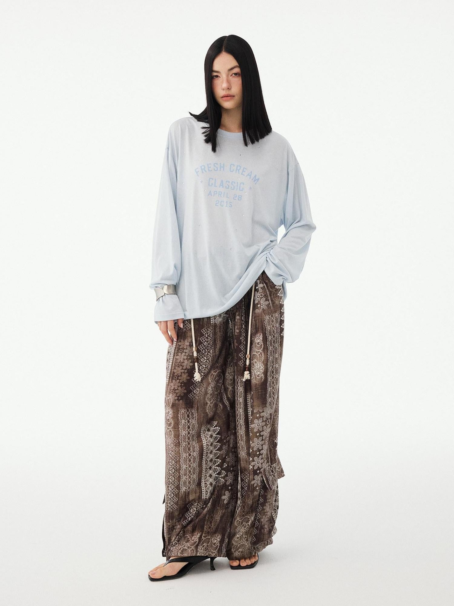 DIDDI MODA Textured Sheer Vintage Distressed Slogan Print Women&