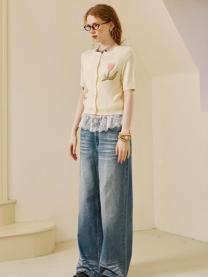 DIDDI MODA Tulip Embroidered Short Sleeve Knit Women&