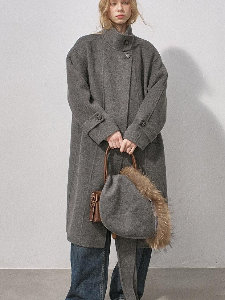 DIDDI MODA Vintage Detachable Fur Collar Hooded Double Faced Mid Length Women&
